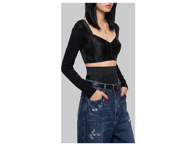 Dolce & Gabbana Black Satin and Wool Bustier Top - view 2