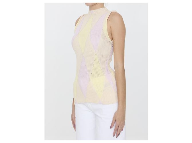 Top senza maniche Burberry Argyle in seta e cotone beige - vista 2