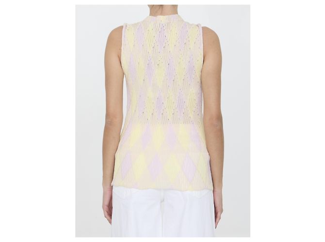 Top senza maniche Burberry Argyle in seta e cotone beige - vista 4