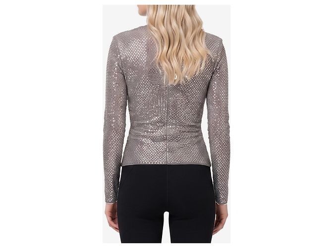 Self portrait Top wrap in mesh grigio con strass - vista 3