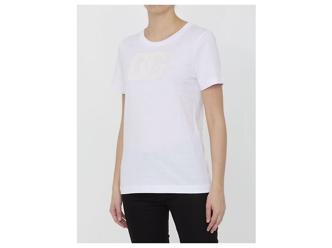 T-shirt Dolce & Gabbana bianca in cotone con logo DG in pizzo Bianco - vista 2