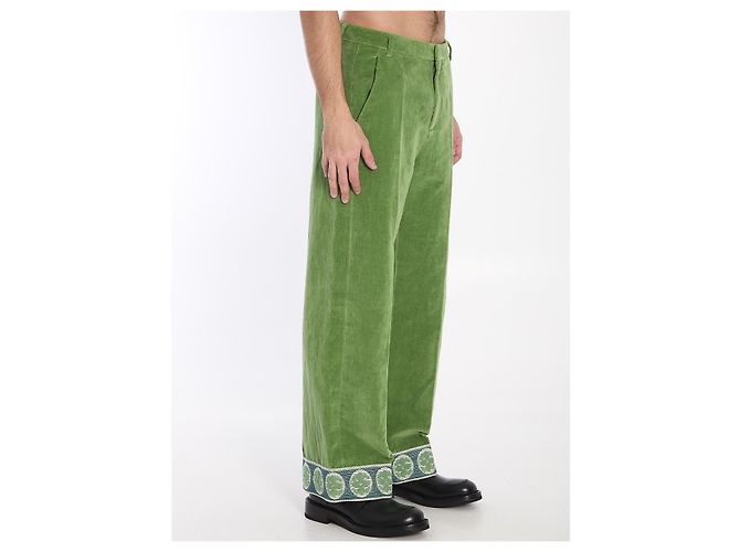 Valentino Garavani Pantalon en velours avec ourlets en jacquard Vert - vue 2