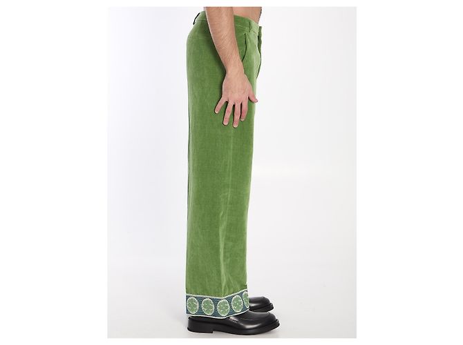 Valentino Garavani Pantalon en velours avec ourlets en jacquard Vert - vue 3