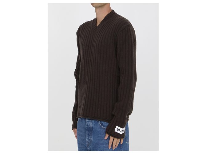 Dolce & Gabbana Brown Ribbed Wool V-neck Sweater - view 2