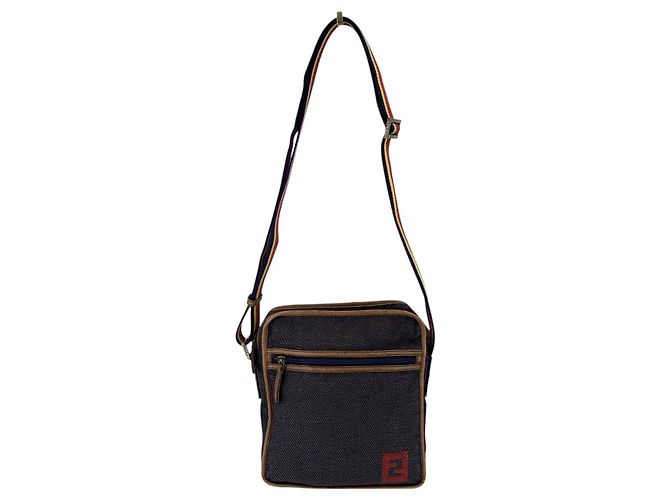 Fendi Borsa a tracolla messenger in tela denim blu scuro con tracolla a righe - vista 8