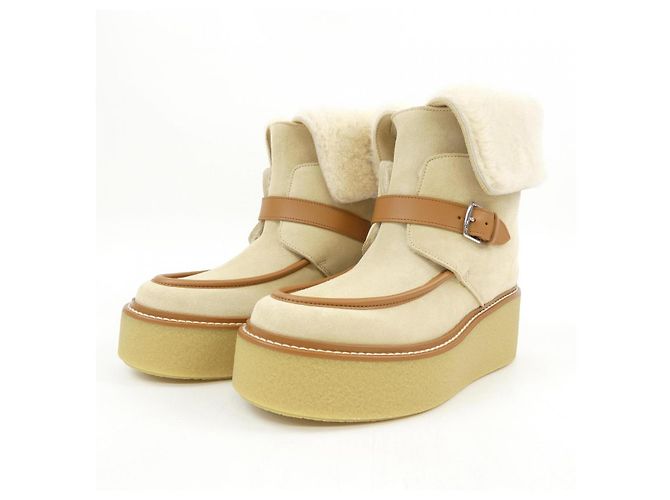 Botas de pele de carneiro Hermès Hemisphere Marrom Branco Bege - vista 3