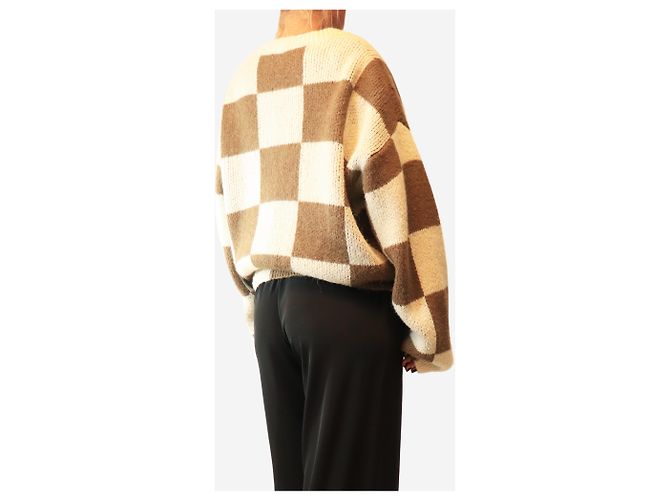 Autre Marque Cardigã de malha xadrez castanho e creme - size L Cru - vista 2