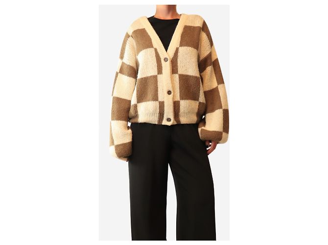 Autre Marque Cardigã de malha xadrez castanho e creme - size L Cru - vista 3