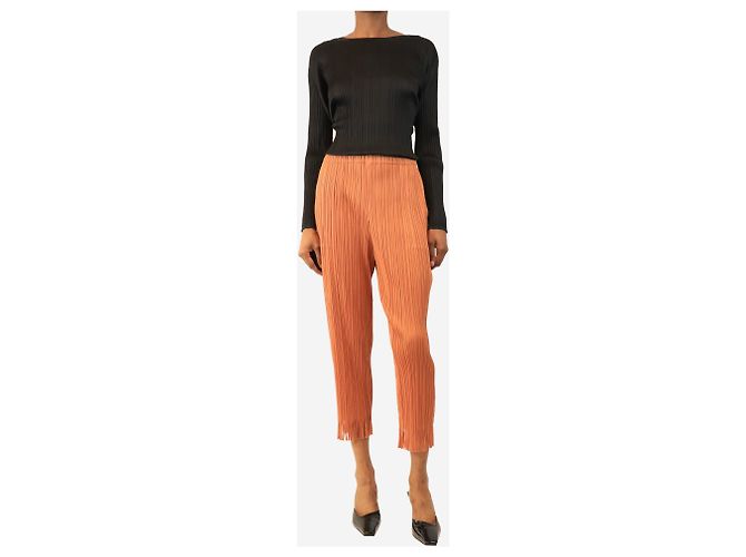 Pleats Please Pantalones plisados naranja tostado con dobladillo de flecos - size S - vista 2