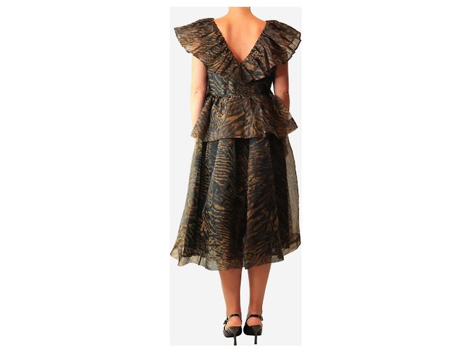 Ganni Abito marrone leopard a balze con scollo a V - vista 2
