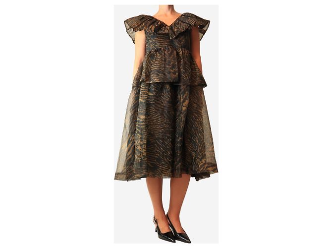 Ganni Abito marrone leopard a balze con scollo a V - vista 3