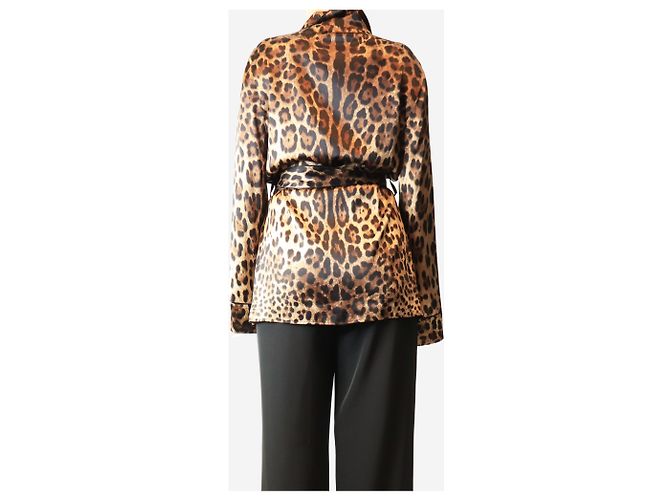 Dolce & Gabbana Blusa de seda marrón con estampado de leopardo y cinturón - size UK 12 Castaño - vista 2