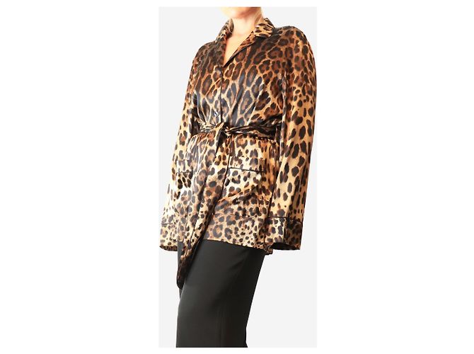 Dolce & Gabbana Blusa de seda marrón con estampado de leopardo y cinturón - size UK 12 Castaño - vista 3