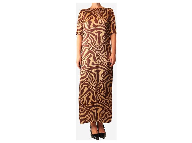 Ganni Maxikleid aus braunem Satin mit Zebra-Print - size UK 10 - Ansicht 3