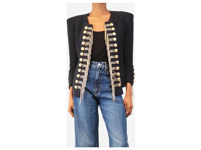 Balmain Navy FW10 chain-embellished Napoleon jacket - size UK 10 Navy blue - view 3