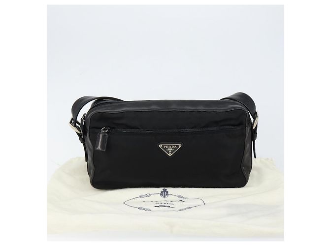 PRADA Schultertasche Nylon Leder Schwarz Silber - Ansicht 12