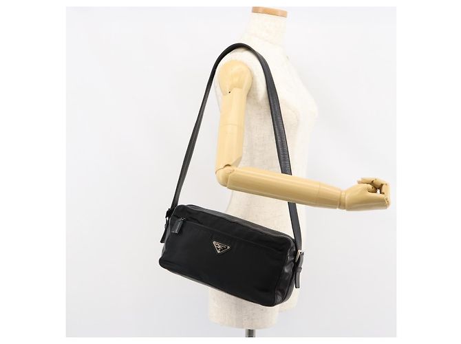 PRADA Schultertasche Nylon Leder Schwarz Silber - Ansicht 27