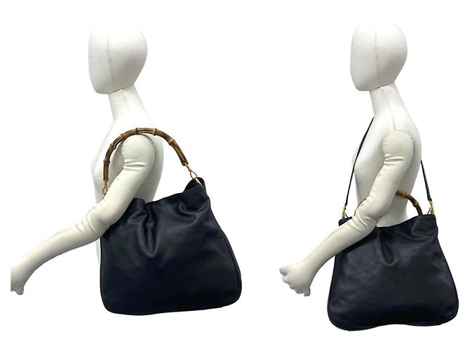 GUCCI Vintage Bamboo Leder 2-Way Handtasche Schwarz - Ansicht 2