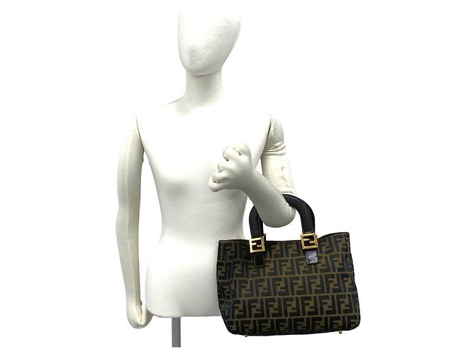 Bolsa Tote Fendi Zucca FF Logo Hardware Canvas Leather Marrom Preto - vista 2