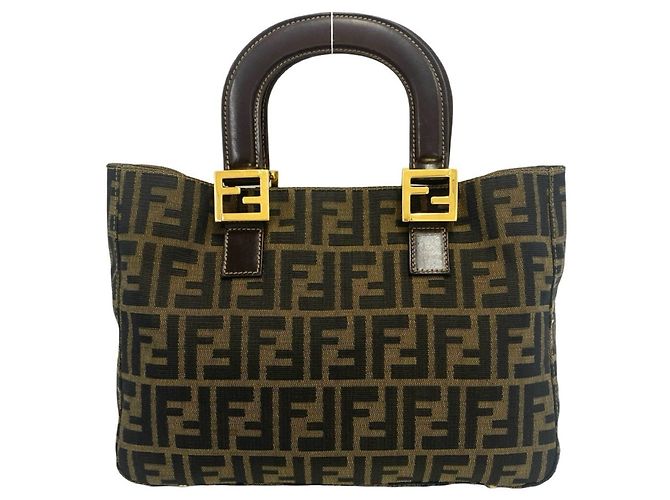Bolsa Tote Fendi Zucca FF Logo Hardware Canvas Leather Marrom Preto - vista 3