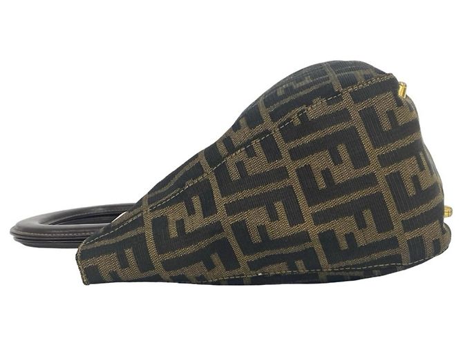 Bolsa Tote Fendi Zucca FF Logo Hardware Canvas Leather Marrom Preto - vista 5