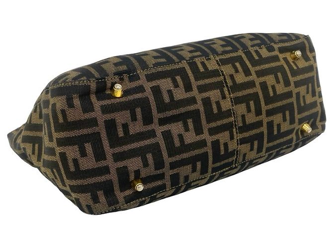 Bolsa Tote Fendi Zucca FF Logo Hardware Canvas Leather Marrom Preto - vista 7