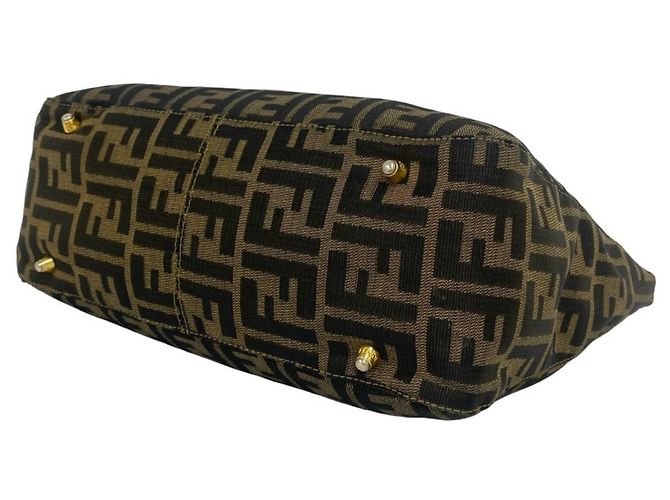 Bolsa Tote Fendi Zucca FF Logo Hardware Canvas Leather Marrom Preto - vista 8
