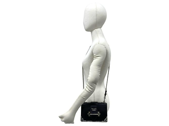Prada Cahier Mini-Schultertasche aus Leder mit Logo und Kette Schwarz - Ansicht 2