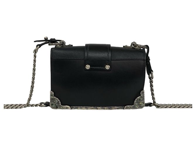 Prada Cahier Mini-Schultertasche aus Leder mit Logo und Kette Schwarz - Ansicht 3