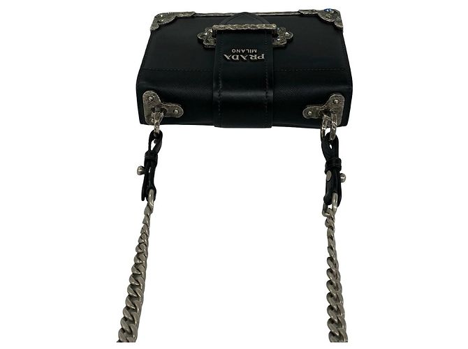 Prada Cahier Mini-Schultertasche aus Leder mit Logo und Kette Schwarz - Ansicht 4