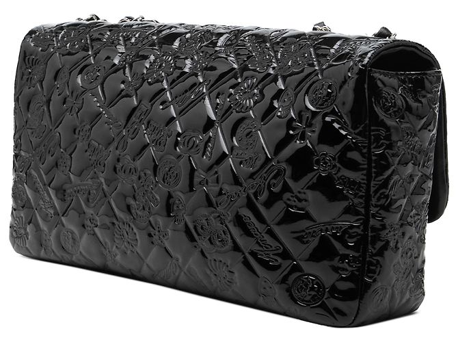 Chanel Black Jumbo Patent Embossed Lucky Symbols Flap Nero - vista 2