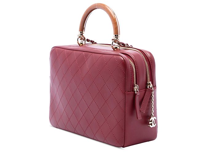 mala Chanel Knock On Wood em pele de cordeiro acolchoada vermelha com pega superior Vermelho - vista 2