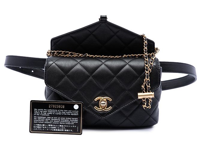 Borsa cintura con patta chic e catena Chanel in vitello trapuntato nero - vista 7
