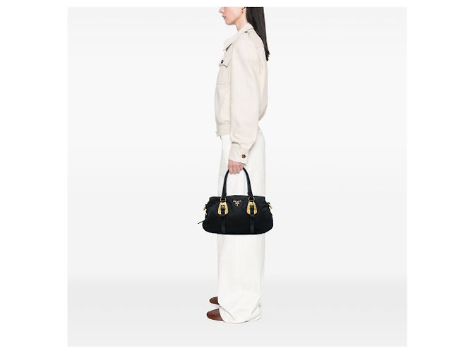 Borsa Satchel Prada in Tessuto con rifiniture in vitello morbido nero - vista 6