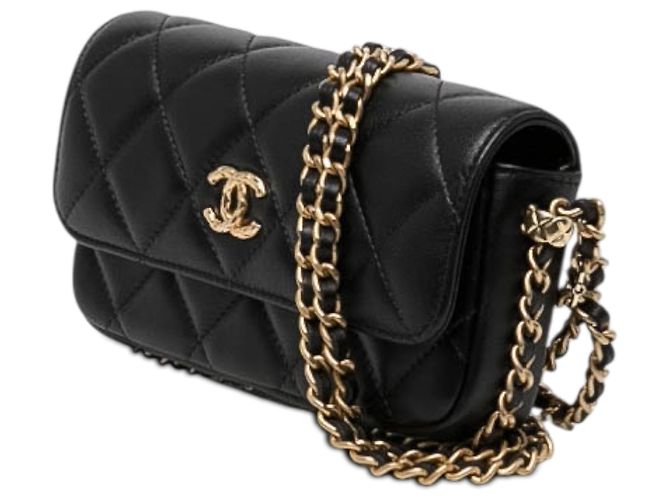 Portacellulare a patta Chanel in pelle d'agnello matelassé nera con catena CC Nero - vista 2