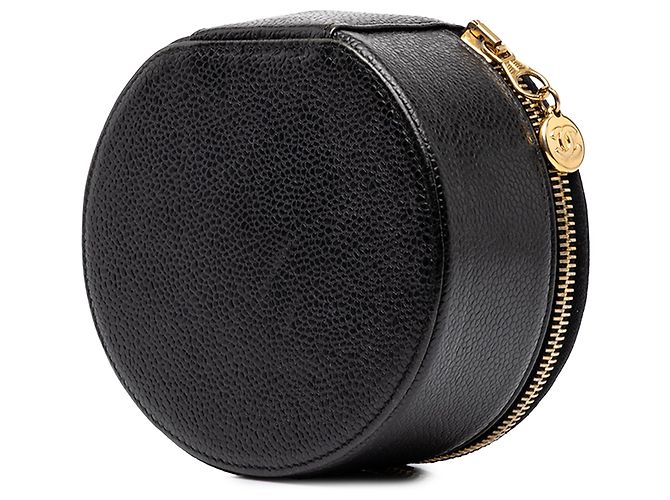Étui à bijoux rond de voyage Chanel en cuir Caviar noir - vue 2