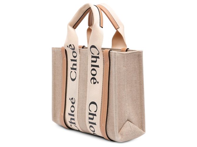 Borsa Woody Satchel Piccola in Tela Beige Chloé - vista 2