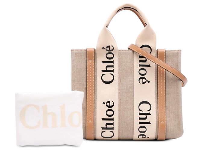 Borsa Woody Satchel Piccola in Tela Beige Chloé - vista 7