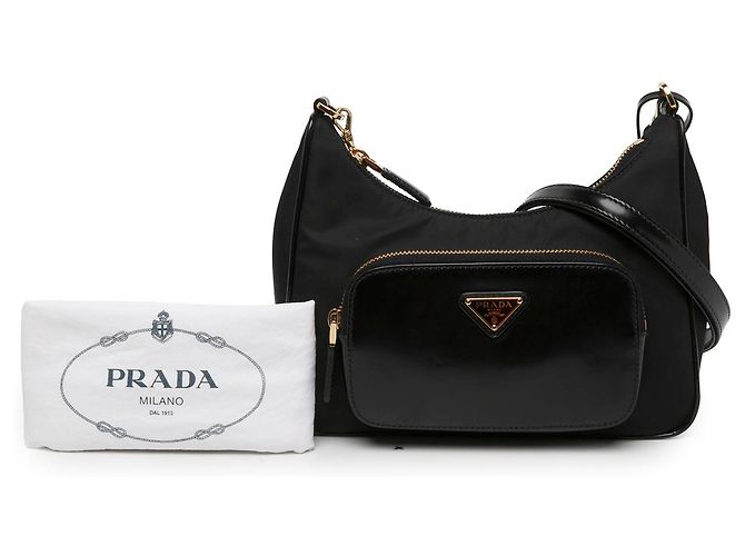 Prada Black Re Nylon Brushed Leather Front Pocket Hobo - view 7
