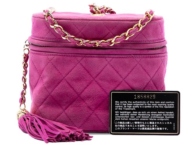 Sac Vanity Chanel en daim matelassé violet avec pompon - vue 7