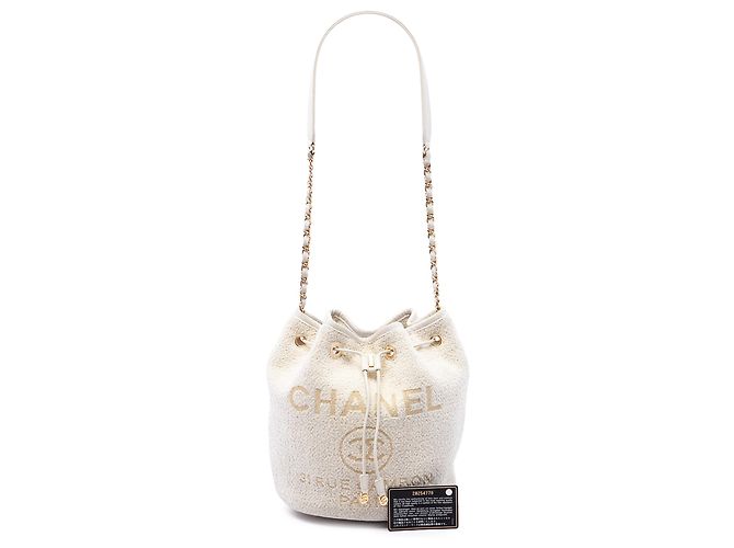 Borsa a secchiello con coulisse Chanel Deauville Small in tweed bianco Crudo - vista 7