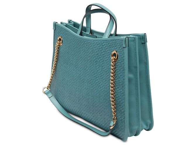 Borsa Tote Gucci Horsebit 1955 in rafia blu Medium con catena Blu chiaro - vista 2