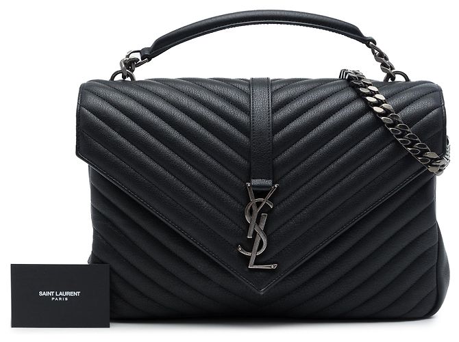 Autre Marque Saint Laurent Black Large Chevron Sheepskin Monogram College Satchel Nero - vista 7