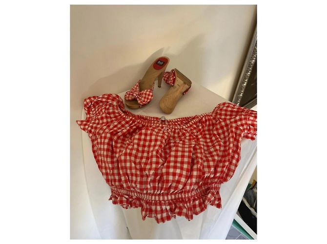 D&G Dolce & Gabbana Set aus Oberteil und Mules in Rot-Weißem Karomuster - Ansicht 6