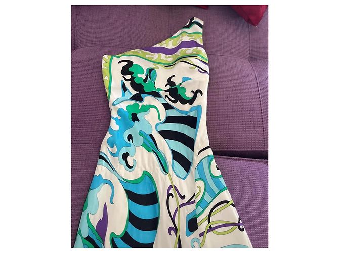 Autre Marque Mary.L Couture asymmetrisches Seidenkleid mit Psychedelic-Print Schwarz Weiß Blau Grün Lila - Ansicht 2