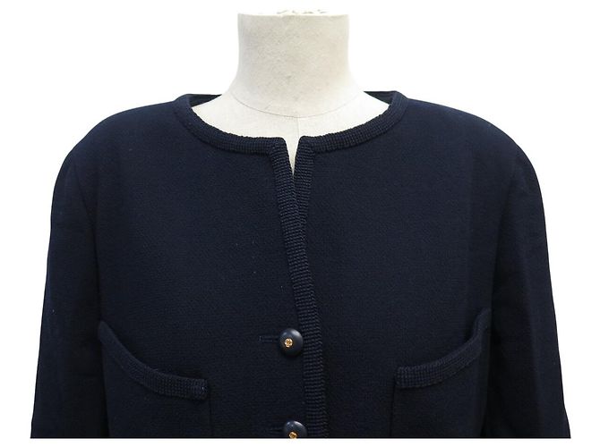 VINTAGE CHANEL JACKET CC LOGO BUTTONHOLE 40 M WOOL NAVY BLUE COAT - view 2