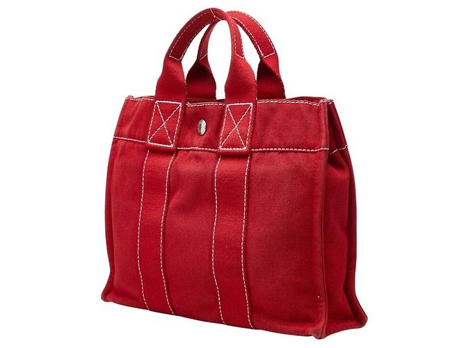 Hermès Borsa Tote Hermes Deauville Tote PM in cotone Rosso - vista 2