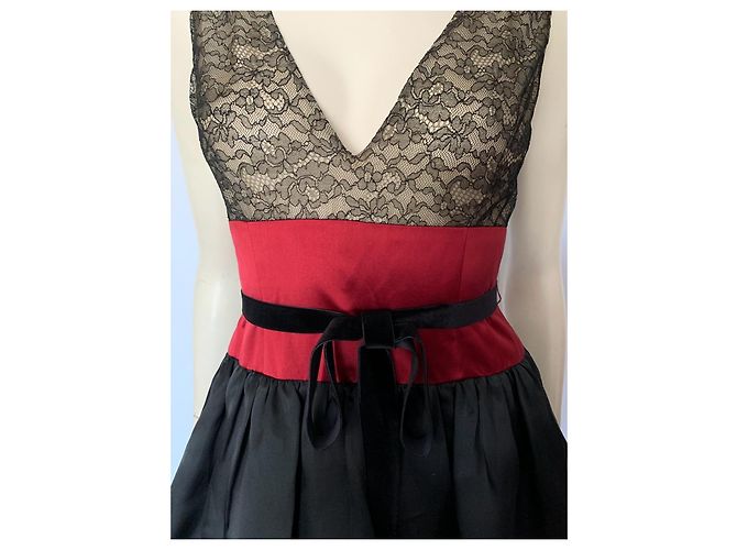 Abito Carolina Herrera in pizzo nero, raso e piume Rosso - vista 2