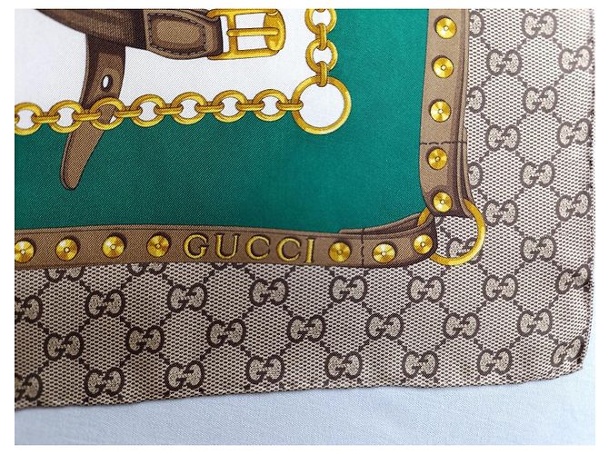 Gucci Lenço de seda Flora Horsebit Marrom Branco Azul Bege Dourado Verde Amarelo - vista 2
