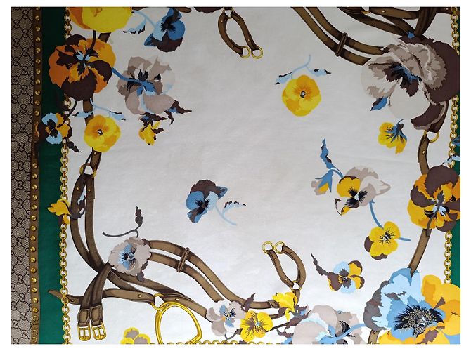 Gucci Lenço de seda Flora Horsebit Marrom Branco Azul Bege Dourado Verde Amarelo - vista 7